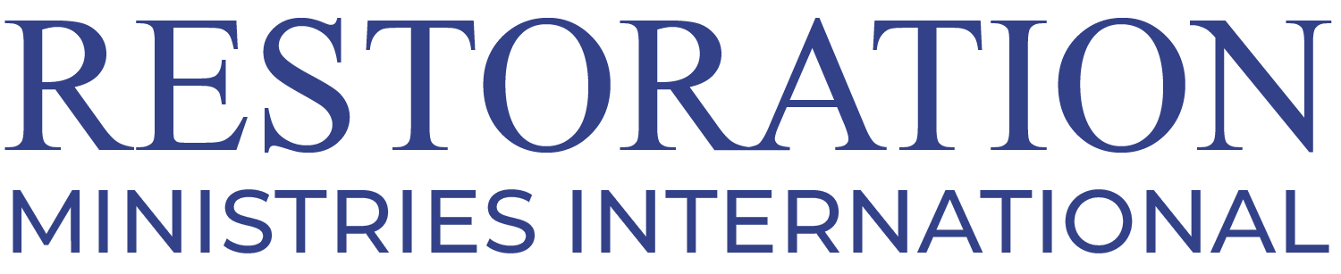 Restoration Ministries International word logo in navy blue Times New Roman font